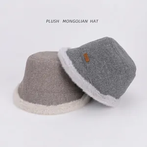Women's warm plush bucket hats with faux fur trim in beige and grey colors