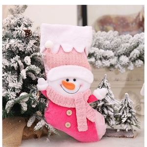 Close-up of pink Christmas stocking with 3D snowman, plush trim, and wooden button detail