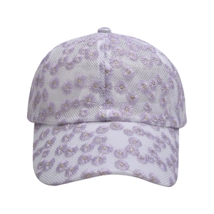 Detail of lavender floral embroidery on breathable mesh lace baseball cap