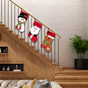 Three-piece set of red plush Christmas stockings with Santa, snowman and reindeer designs