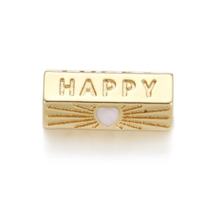 Gold plated rectangular pendant with Happy Lucky engraving and pink heart charm