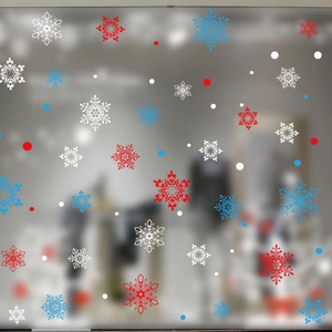 Three-color snowflake glass window stickers in red blue and white for Christmas decor