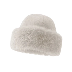 Plush faux fur bucket hat in beige, warm winter fuzzy hat with a soft fluffy texture