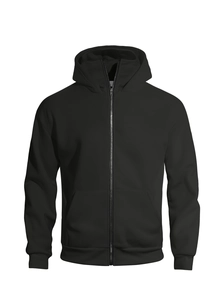 Detail view of black zip-up hoodie featuring ribbed cuffs and kangaroo pocket detail