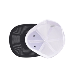 Detail view of truck hat interior with white mesh back and poly-cotton blend label