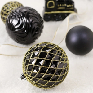65-piece black and gold Christmas ornaments set featuring geometric glitter patterns