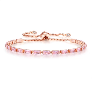 Detail of rose gold bolo bracelet with pink rectangular zircons and adjustable slider