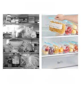 Detail of slider seal food bags showing date labels for organized fridge storage