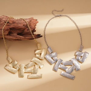 Modern geometric square textured sweater necklace in metallic gold and silver finish