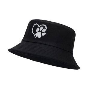 Black cotton bucket hat with white heart paw print for summer sun protection