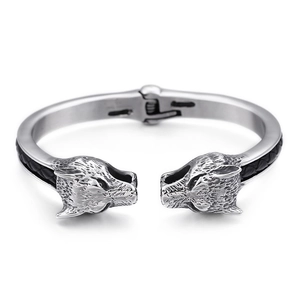 Vintage silver steel leopard head open bracelet with black textured inlay details