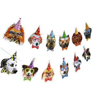 Colorful Happy Birthday dog party banner featuring 11 cute puppies with party hats