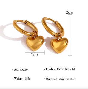 Detail showing gold heart earrings specs: PVD 18K gold plated stainless steel, 2cm height