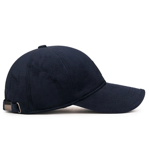 Dark blue textured cotton baseball cap with adjustable metal buckle and warm ear protection