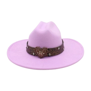 Detail of lavender felt fedora featuring embossed leather band and heart rhinestone buckle