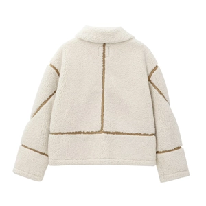 Women's cream sherpa fleece jacket with brown contrast stitching back view flat lay