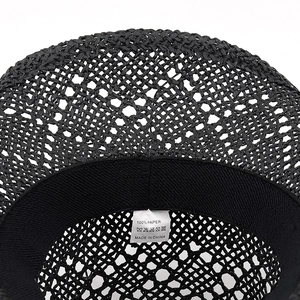 Men's black straw sun hat made of 100% paper with breathable hollow weave pattern