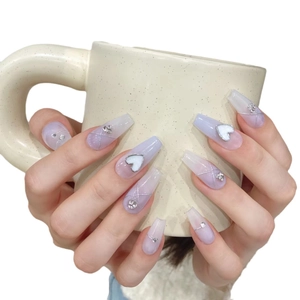 Handmade coffin press-on nails with purple gradient, 3D heart charms, and silver glitter