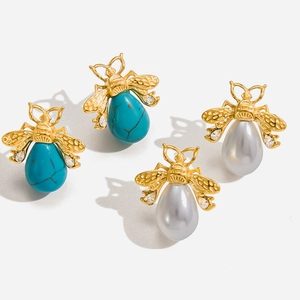 Bee Stud Earrings Stainless Steel 18K Gold Plated Turquoise Faux Artificial Pearl Zircon Animals Ear Jewelry For Women Fashion