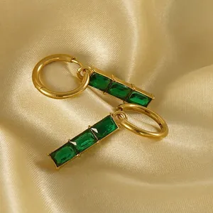 Boucles D'oreilles Créoles Vintage En Acier Inoxydable Plaqué Or 18K Avec Pendentif Zircon Vert Rectangulaire Pour Femmes