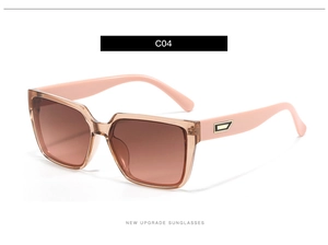 Detail of square tea sunglasses featuring transparent frames and gold metal temple accents