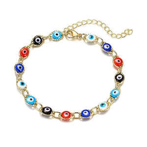 Colorful evil eye bracelet in gold finish with multi-color beads and adjustable chain