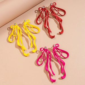 Matte metal bow ribbon earrings with crystal studs in red, yellow, and rose pink colors