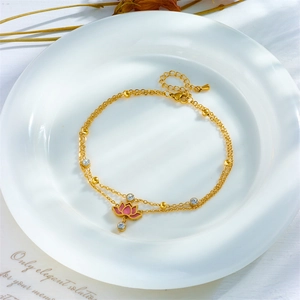 Golden double-layer anklet with pink enamel lotus pendant and clear zircon crystal
