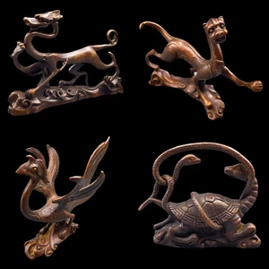 Set of four antique brass Four Mythical Beasts statues with vintage distressed finish