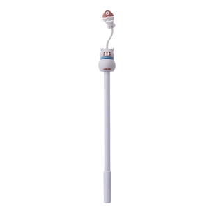 Cute cartoon gel pen featuring a grey cat and fish topper with white barrel on white background