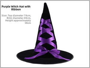 Detail of Halloween witch hat with purple ribbon lace-up design and size dimensions