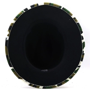 Detail of camouflage fedora hat showing the black inner lining and wide brim underside