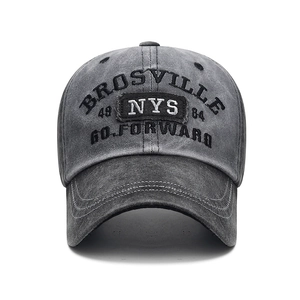 Vintage washed charcoal gray baseball cap with Brosville NYS embroidery and patches