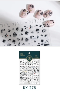 Detail of KX-278 ink wash style nail stickers with floral patterns and calligraphy art