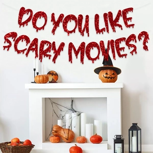 Halloween bloody glitter banner reading Do You Like Scary Movies over a fireplace