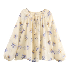 Camicetta In Chiffon Floreale Da Donna Manica Lunga A Lanterna Girocollo Con Lacci Bottoni Pieghettata Dolce Top