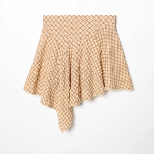 Women's khaki plaid asymmetrical skirt with elegant lace trim and high waist design