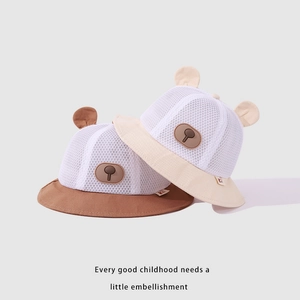 Breathable mesh baby sun hats with cute 3D bear ears in beige and brown colors