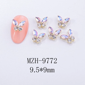3D butterfly nail art charms with iridescent rhinestones and 9.5mm alloy metal base