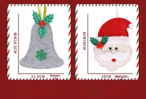 Detailed view of felt Christmas ornaments featuring Santa and bell designs with dimensions