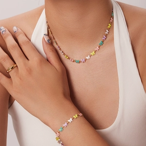 Bunter Emaille Schmetterling Anhänger Halskette Und Armband 18K Vergoldeter Edelstahl Ins Stil Süßer Schmuck Für Damen