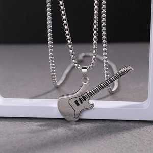 Stainless Steel Guitar Pendant Necklace Rock Street Punk Style Silver Musical Instrument Charm Jewelry For Men Women