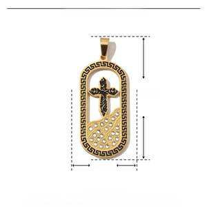 Detailed dimensions of gold stainless steel cross pendant with rhinestones and enamel