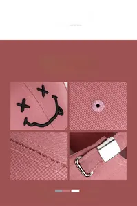 Détail de la broderie smiley et boucle métallique ajustable sur la casquette rose poudré