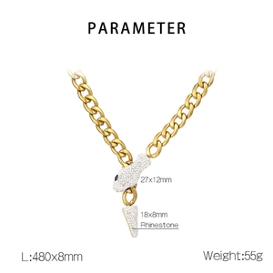 Detailed view of rhinestone snake clasp cuban chain with dimensions and weight specs