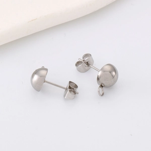 Polished silver stainless steel half-ball stud earring with hanging loop and backing