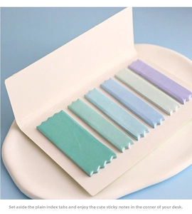 Detailed view of Morandi gradient index tabs with scalloped edges on white base card