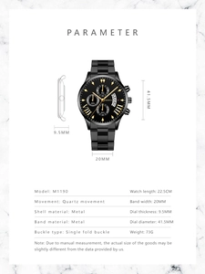 Detailed specs of men's business quartz watch with 41.5mm dial and black metal band