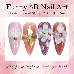 Vista macro di decorazioni floreali 3D per unghie con texture perlata e non appiccicosa