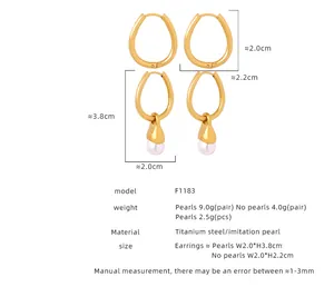 Detailed size specifications for gold plated titanium steel pearl drop earrings